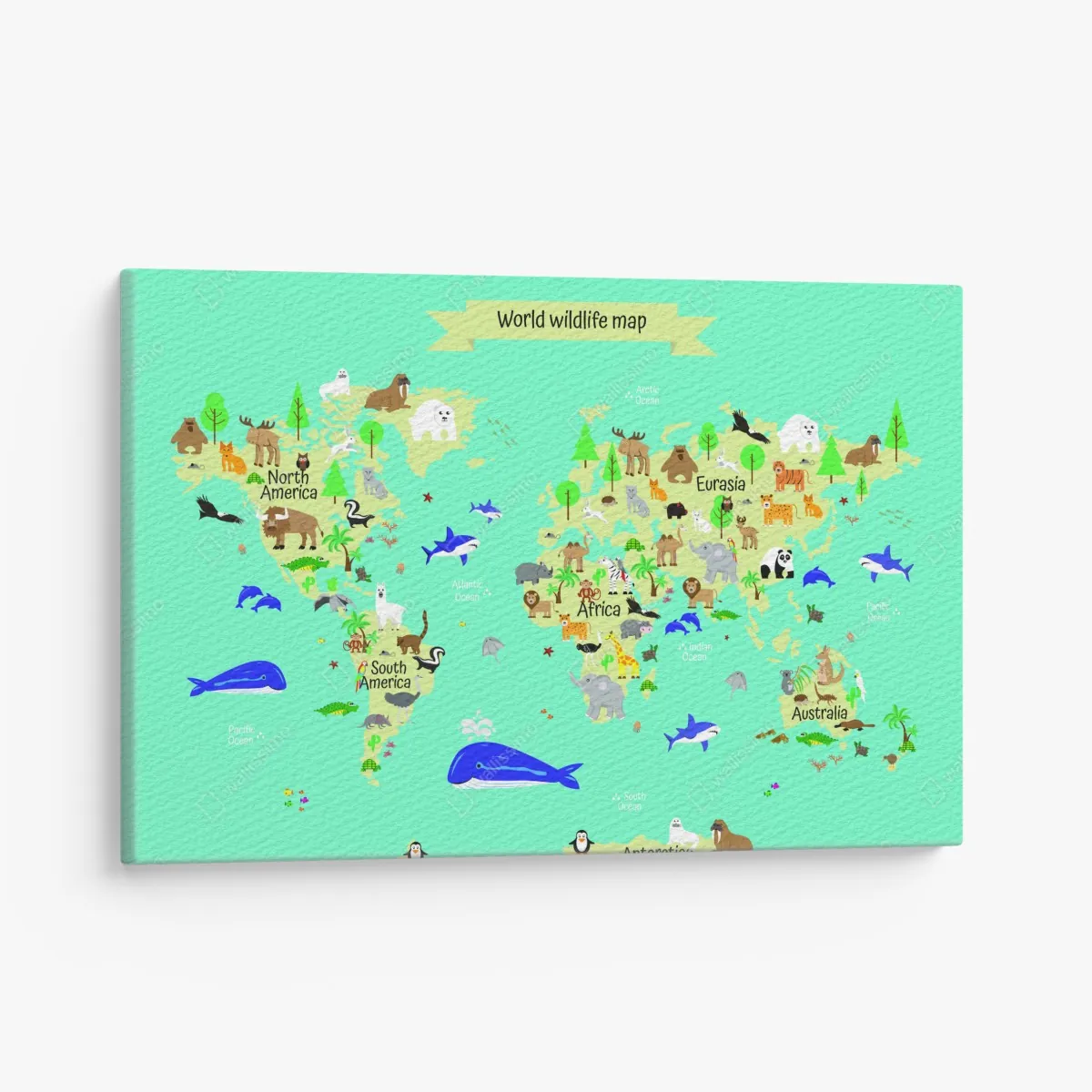 Obraz na płótnie mapa świata ze zwierzętami dla dzieci – Wallissimo® Obraz na płótnie mapa świata ze zwierzętami dla dzieci – Wallissimo®