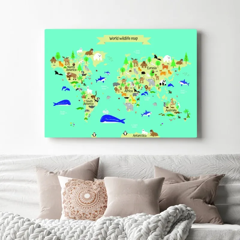 Obraz na płótnie mapa świata ze zwierzętami dla dzieci – Wallissimo® Obraz na płótnie mapa świata ze zwierzętami dla dzieci – Wallissimo®