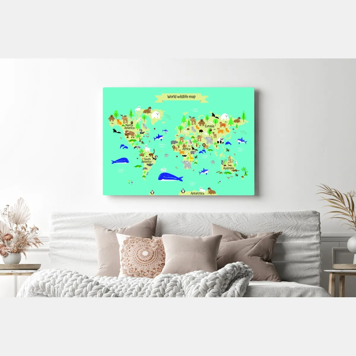 Obraz na płótnie mapa świata ze zwierzętami dla dzieci – Wallissimo® Obraz na płótnie mapa świata ze zwierzętami dla dzieci – Wallissimo®