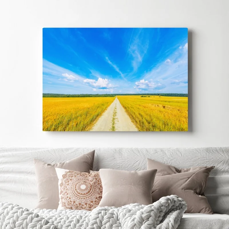 Obraz na płótnie złote pole pod szerokim błękitnym niebem – Wallissimo® Obraz na płótnie złote pole pod szerokim błękitnym niebem – Wallissimo®