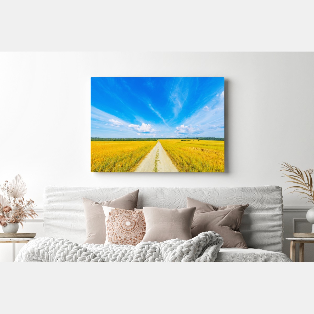 Obraz na płótnie złote pole pod szerokim błękitnym niebem – Wallissimo® Obraz na płótnie złote pole pod szerokim błękitnym niebem – Wallissimo®
