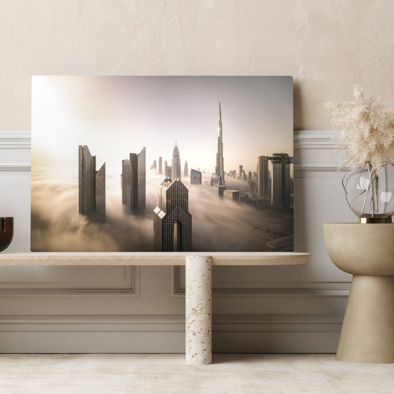Obraz na płótnie mglista panorama Dubaju nad chmurami – Wallissimo® Obraz na płótnie mglista panorama Dubaju nad chmurami – Wallissimo®