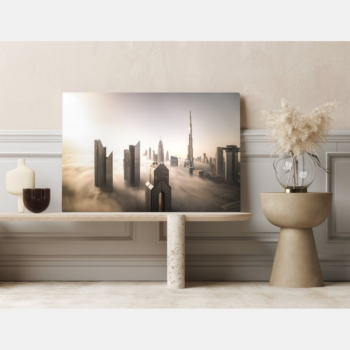 Obraz na płótnie mglista panorama Dubaju nad chmurami – Wallissimo® Obraz na płótnie mglista panorama Dubaju nad chmurami – Wallissimo®