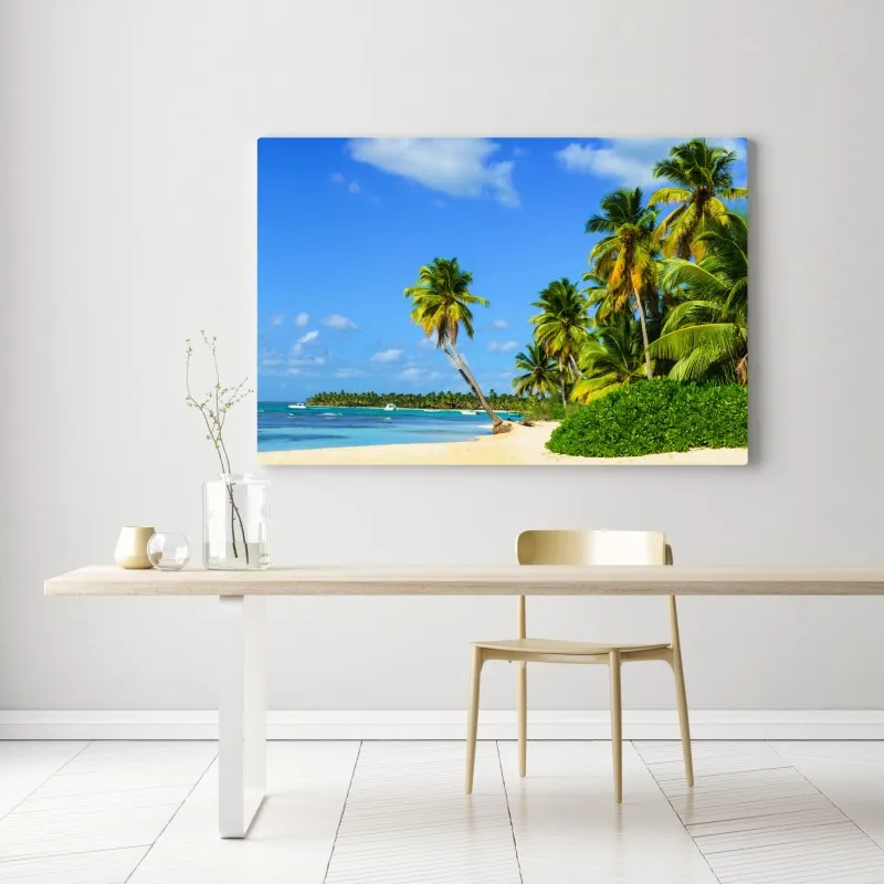Obraz na płótnie tropikalna plaża z palmami – Wallissimo® Obraz na płótnie tropikalna plaża z palmami – Wallissimo®