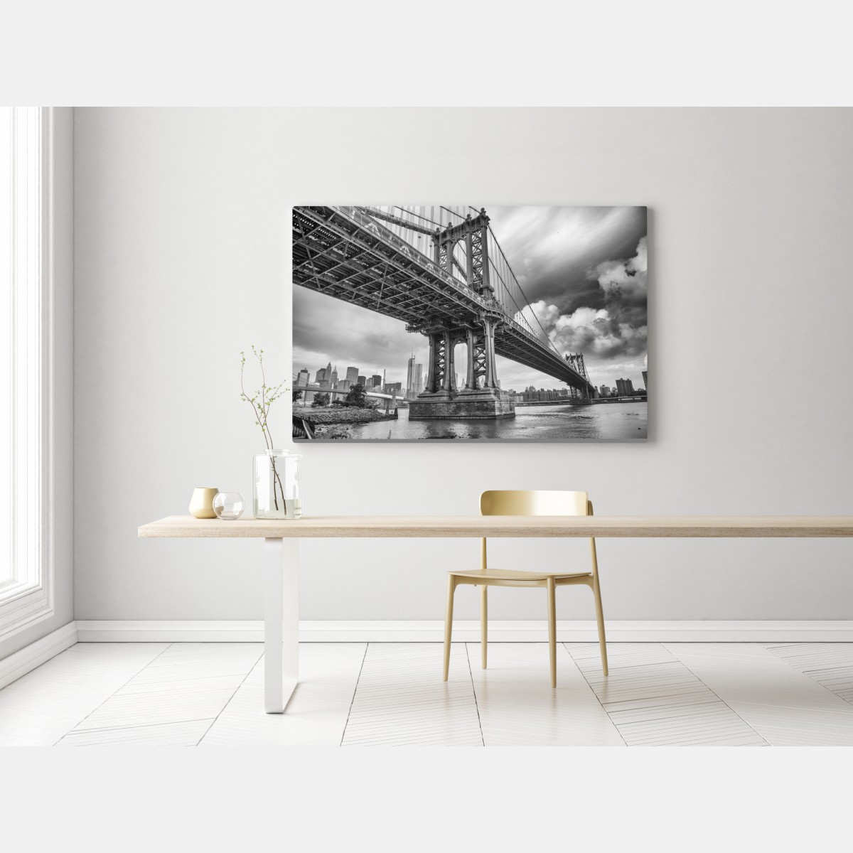 Obraz na płótnie widok z dołu na most Manhattan i panoramę Nowego Jorku – Wallissimo® Obraz na płótnie widok z dołu na most Manhattan i panoramę Nowego Jorku – Wallissimo®