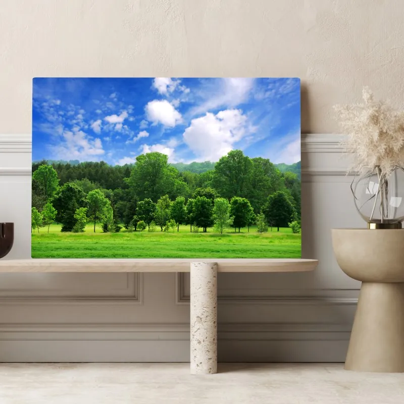 Obraz na płótnie letni zielony las pod niebieskim niebem – Wallissimo® Obraz na płótnie letni zielony las pod niebieskim niebem – Wallissimo®