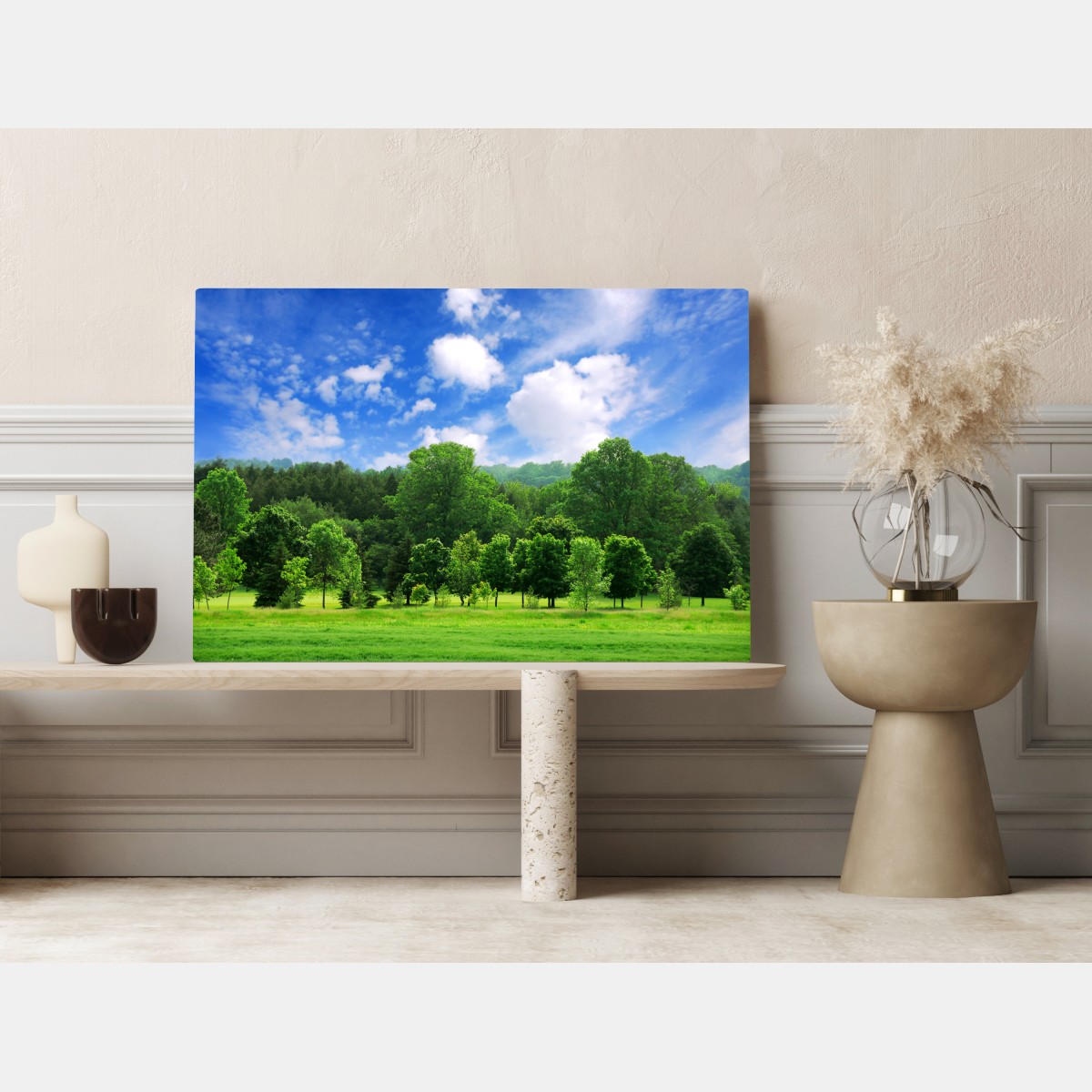 Obraz na płótnie letni zielony las pod niebieskim niebem – Wallissimo® Obraz na płótnie letni zielony las pod niebieskim niebem – Wallissimo®