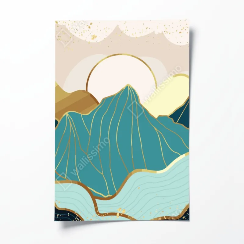 Plakat turkusowe góry o złotych akcentach