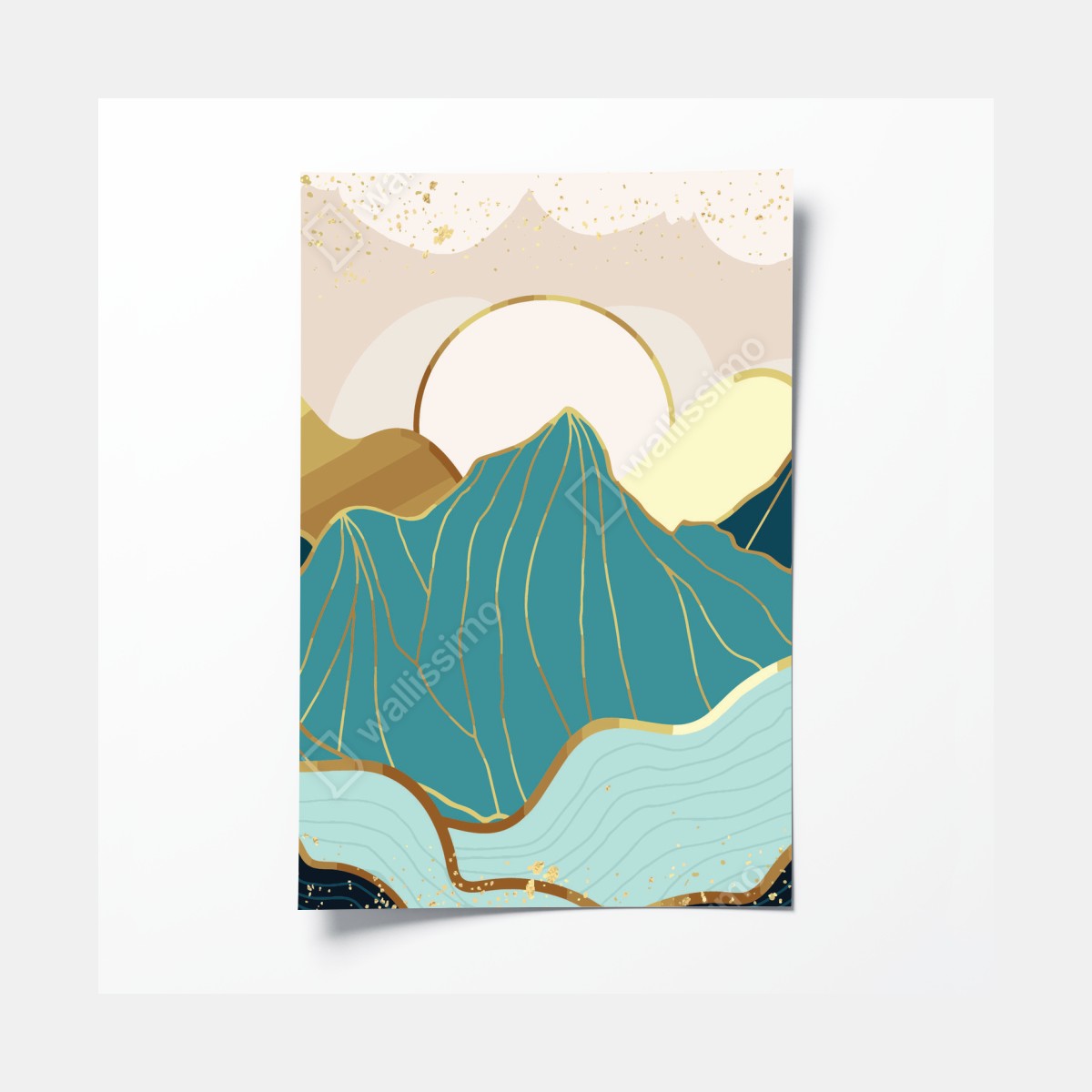 Poster turquoise mountain sunrise with gold accents