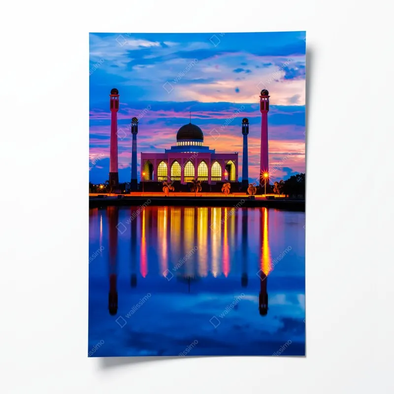 Plakat zachód słońca przy meczecie w Songkhla