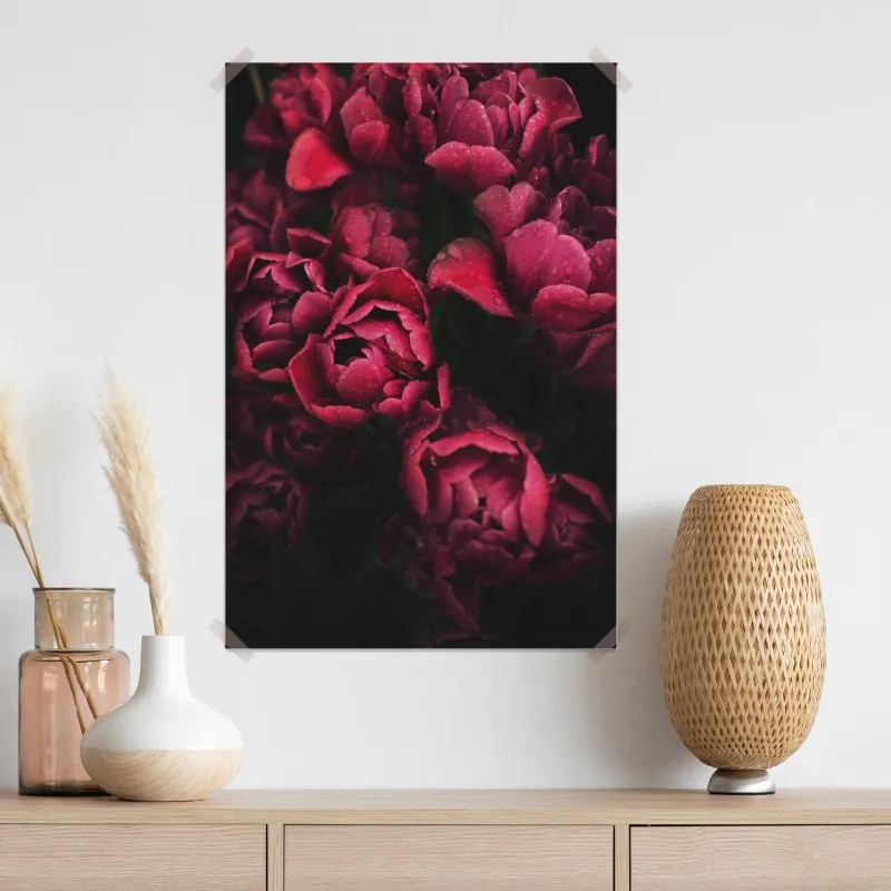 Plakat głębokie bordowe kwiaty z kroplami wody – Wallissimo® Plakat głębokie bordowe kwiaty z kroplami wody – Wallissimo®