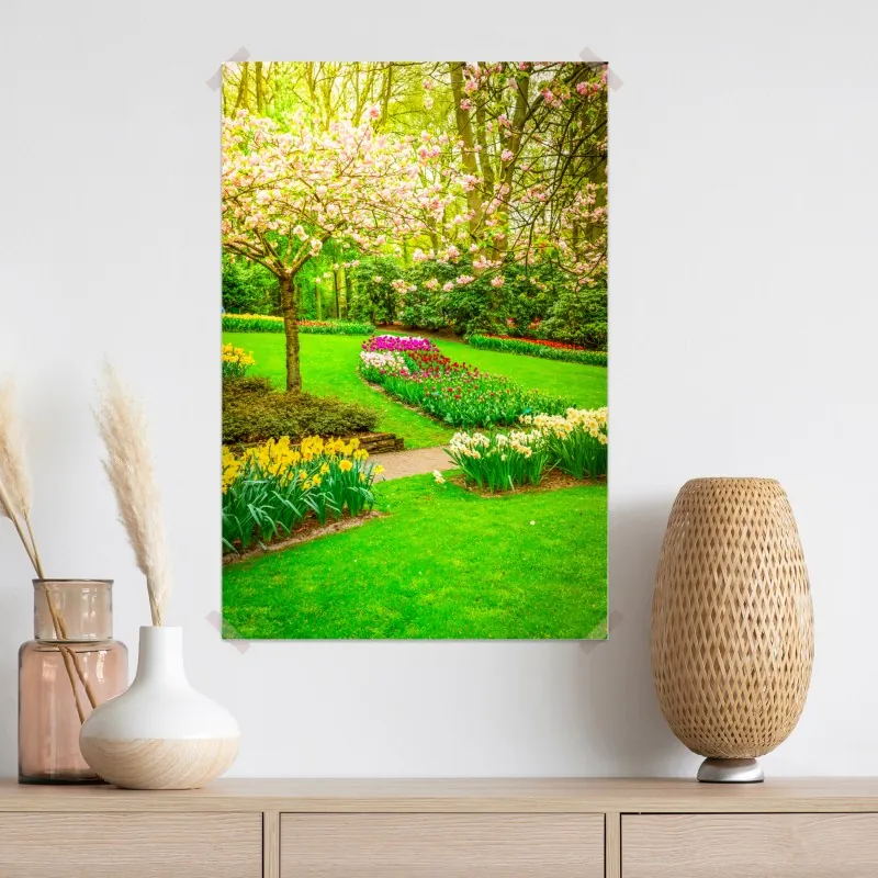 Plakat wiosenny ogród w rozkwicie: tulipany i kwiat wiśni – Wallissimo® Plakat wiosenny ogród w rozkwicie: tulipany i kwiat wiśni – Wallissimo®