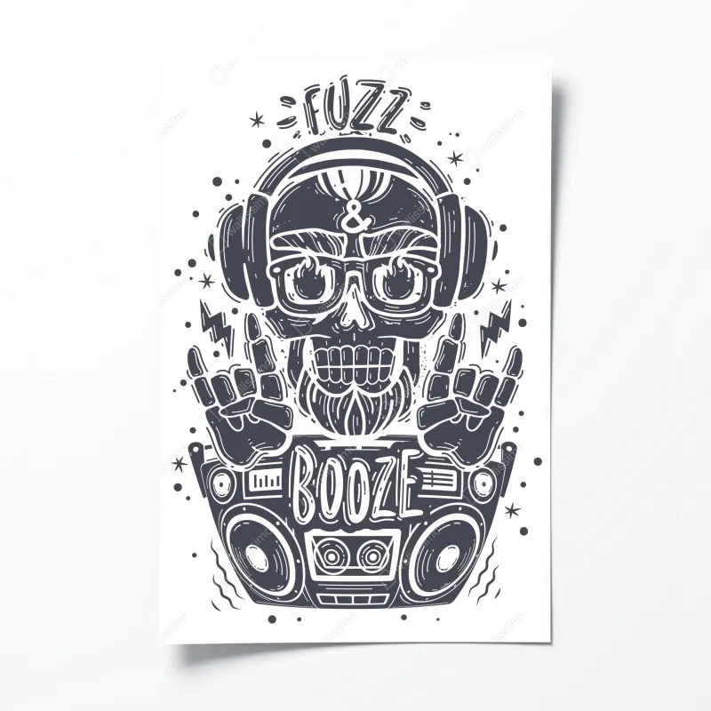 Plakat czaszka dj z boomboxem i słuchawkami
