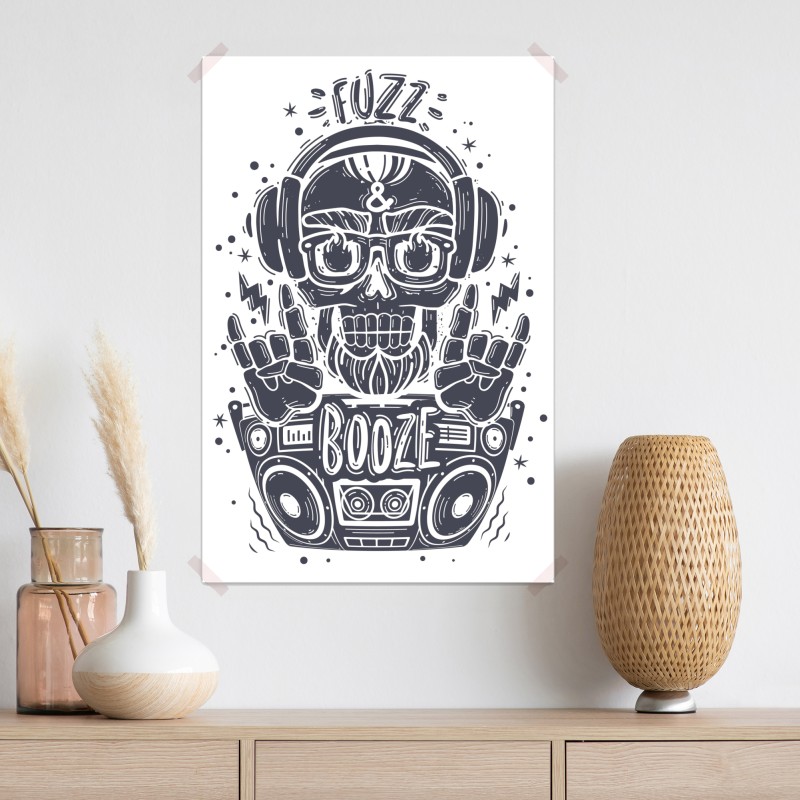 Plakat czaszka dj z boomboxem i słuchawkami