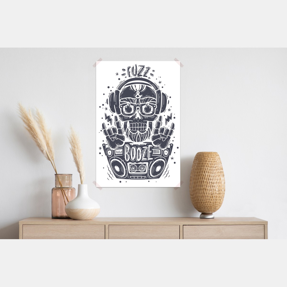 Plakat czaszka dj z boomboxem i słuchawkami – Wallissimo® Plakat czaszka dj z boomboxem i słuchawkami – Wallissimo®