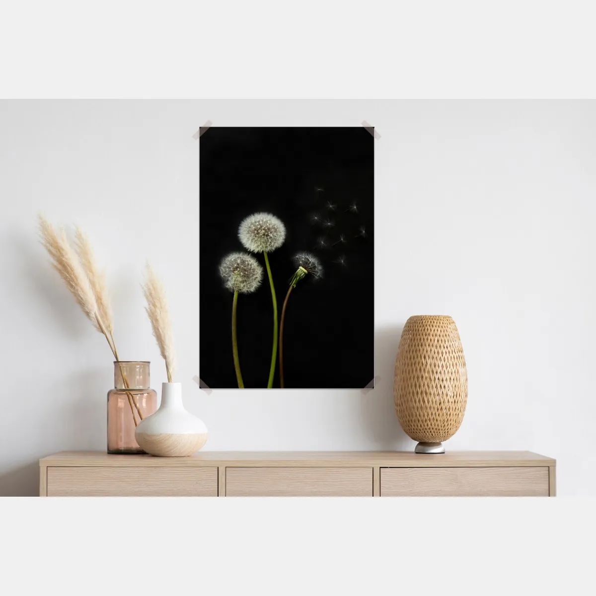 Plakat delikatne główki mniszka na czarnym tle – Wallissimo® Plakat delikatne główki mniszka na czarnym tle – Wallissimo®