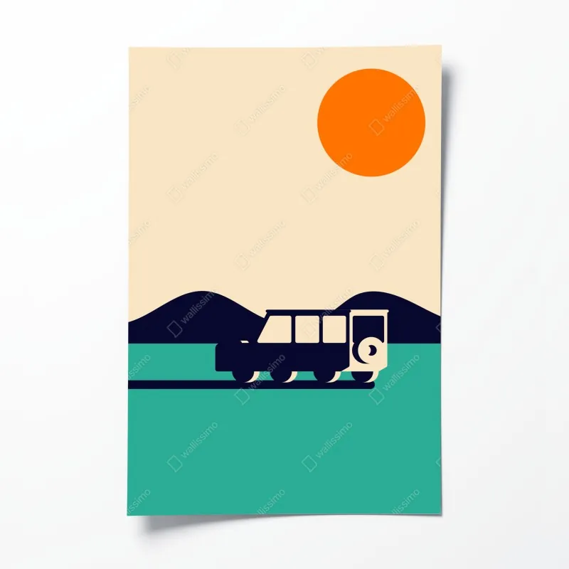 Plakat geometryczny górski krajobraz z kamperem