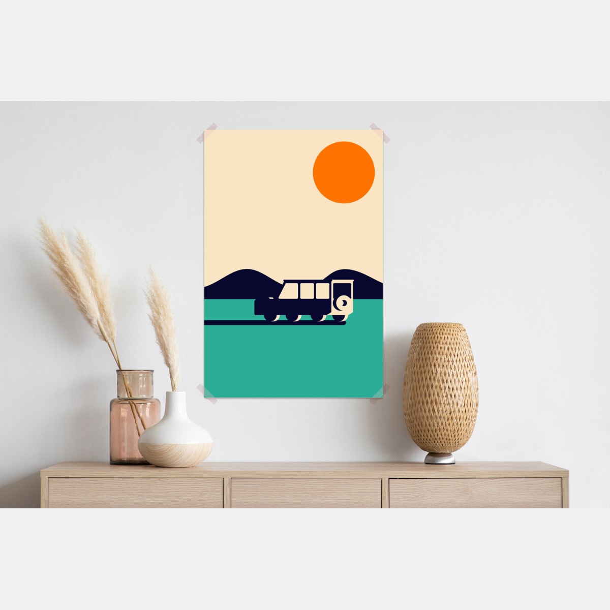 Plakat geometryczny górski krajobraz z kamperem – Wallissimo® Plakat geometryczny górski krajobraz z kamperem – Wallissimo®