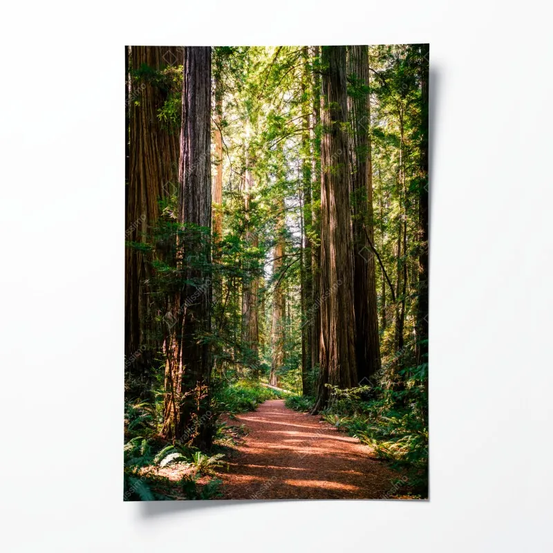 Plakat majestatyczna ścieżka w lesie sekwoi