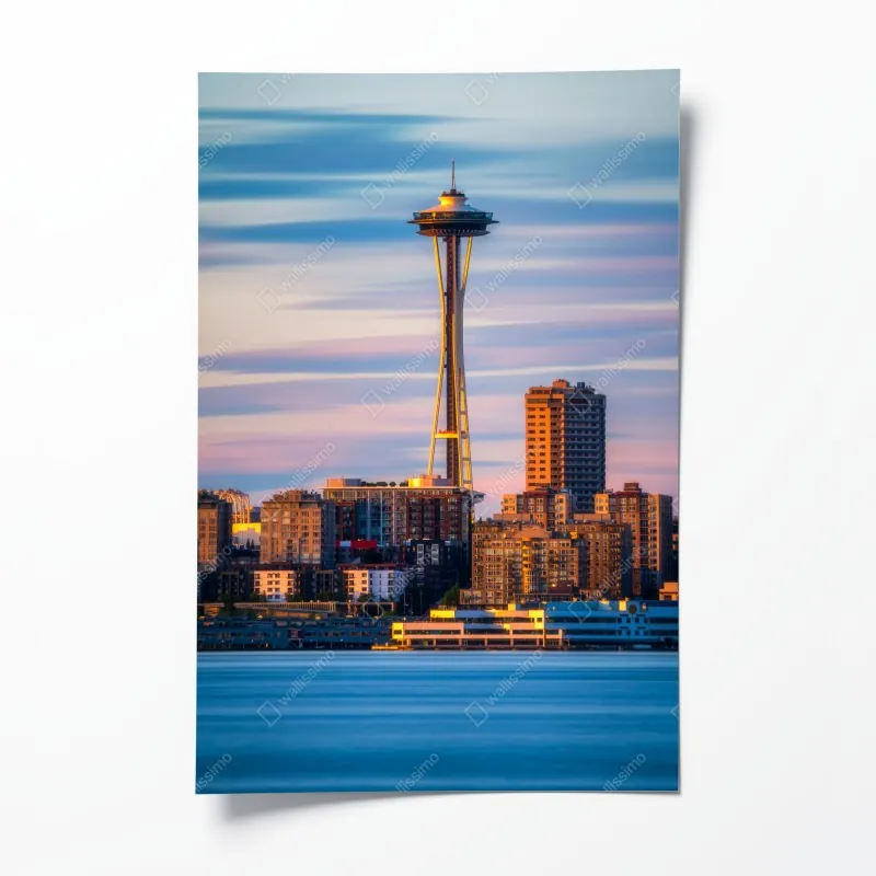 Plakat panorama Seattle ze Space Needle o zachodzie słońca