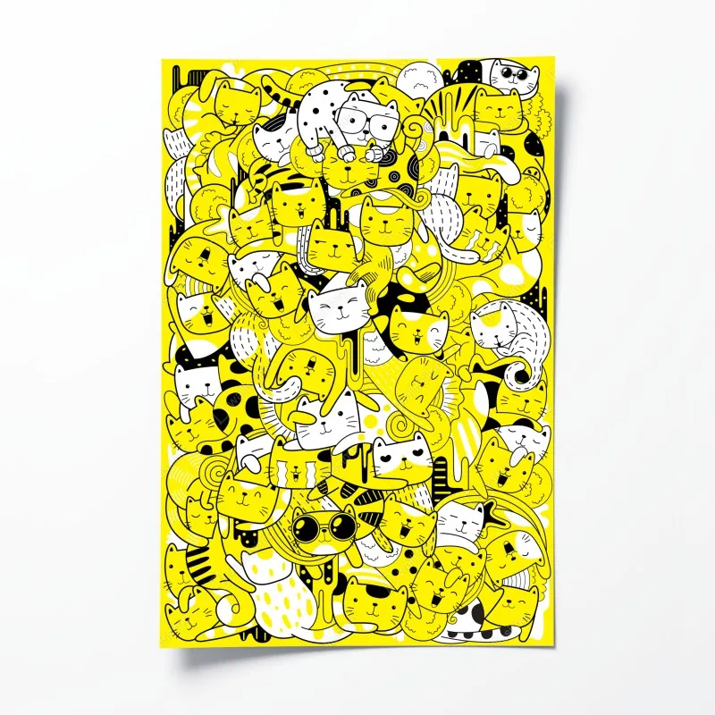 Plakat zabawna żółta mozaika kotów