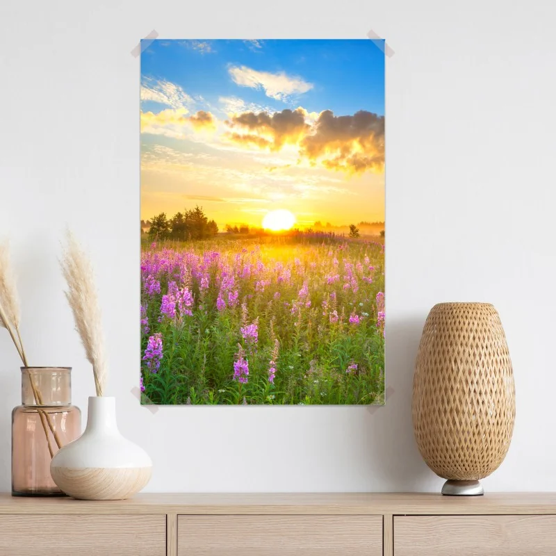 Plakat wschód słońca nad łąką pełną fioletowych kwiatów – Wallissimo® Plakat wschód słońca nad łąką pełną fioletowych kwiatów – Wallissimo®