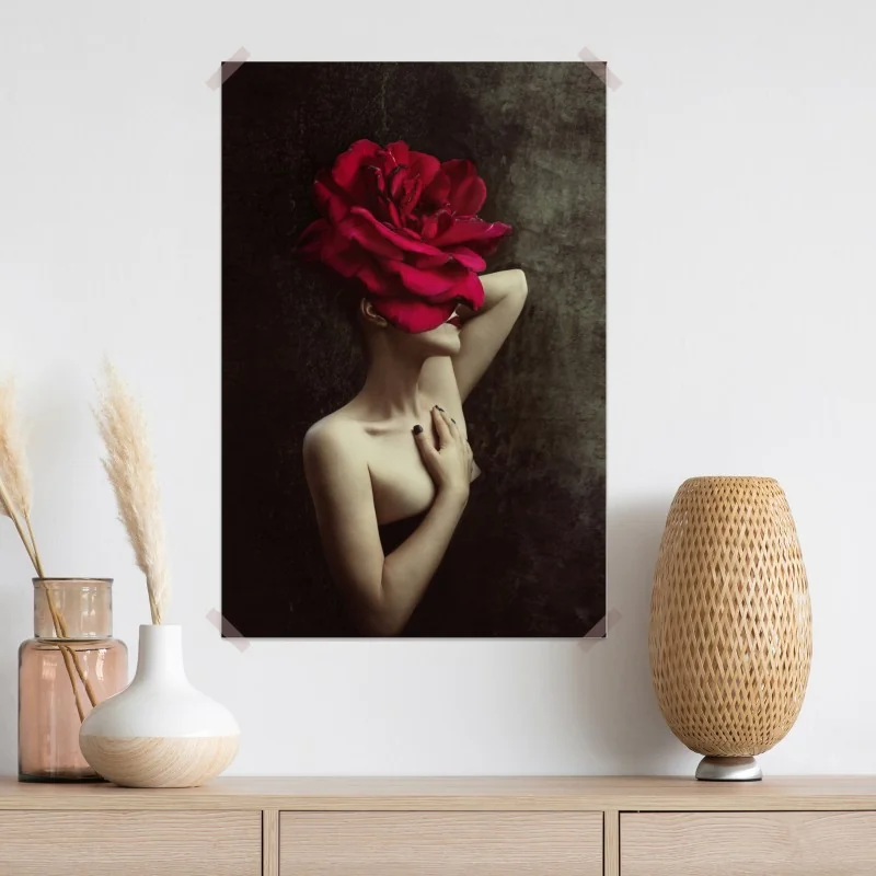 Plakat kobieta z głową z róży surrealistyczny portret – Wallissimo® Plakat kobieta z głową z róży surrealistyczny portret – Wallissimo®