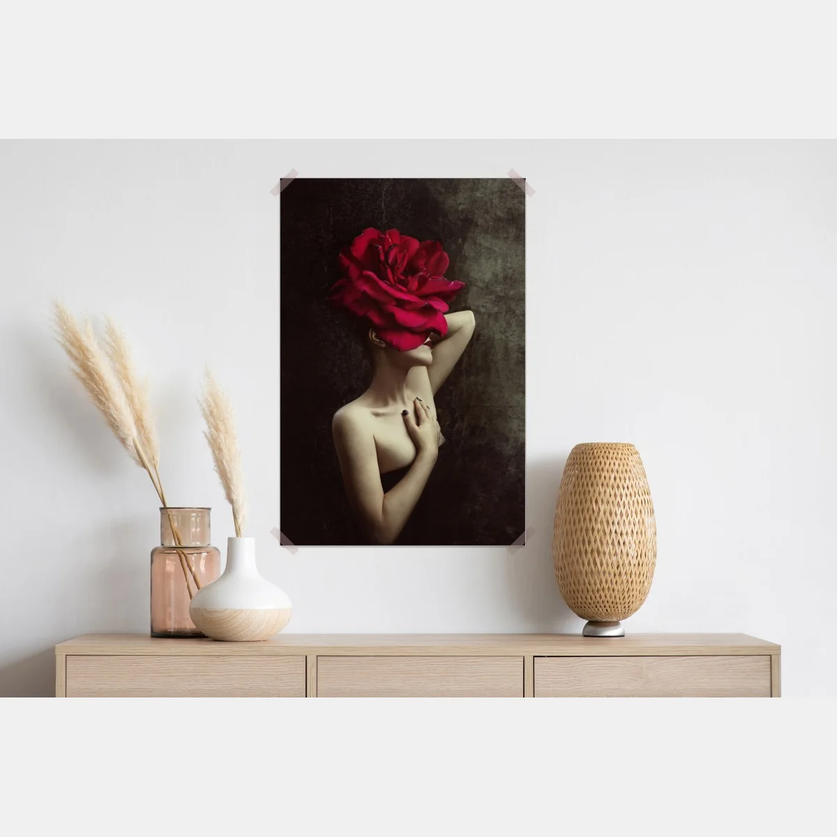 Plakat kobieta z głową z róży surrealistyczny portret – Wallissimo® Plakat kobieta z głową z róży surrealistyczny portret – Wallissimo®