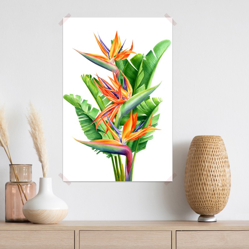 Plakat żywy motyw strelicji z tropikalnymi liśćmi – Wallissimo® Plakat żywy motyw strelicji z tropikalnymi liśćmi – Wallissimo®