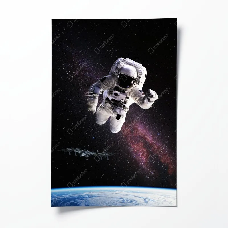 Plakat astronauta nad Ziemią i galaktyką