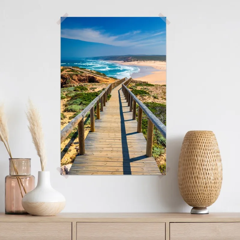 Plakat drewniany pomost prowadzący na plażę Praia da Bordeira – Wallissimo® Plakat drewniany pomost prowadzący na plażę Praia da Bordeira – Wallissimo®