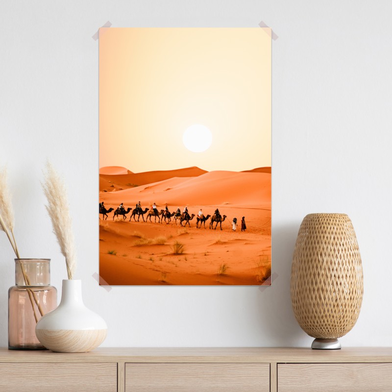 Plakat karawana wielbłądów o zachodzie słońca na pustyni – Wallissimo® Plakat karawana wielbłądów o zachodzie słońca na pustyni – Wallissimo®