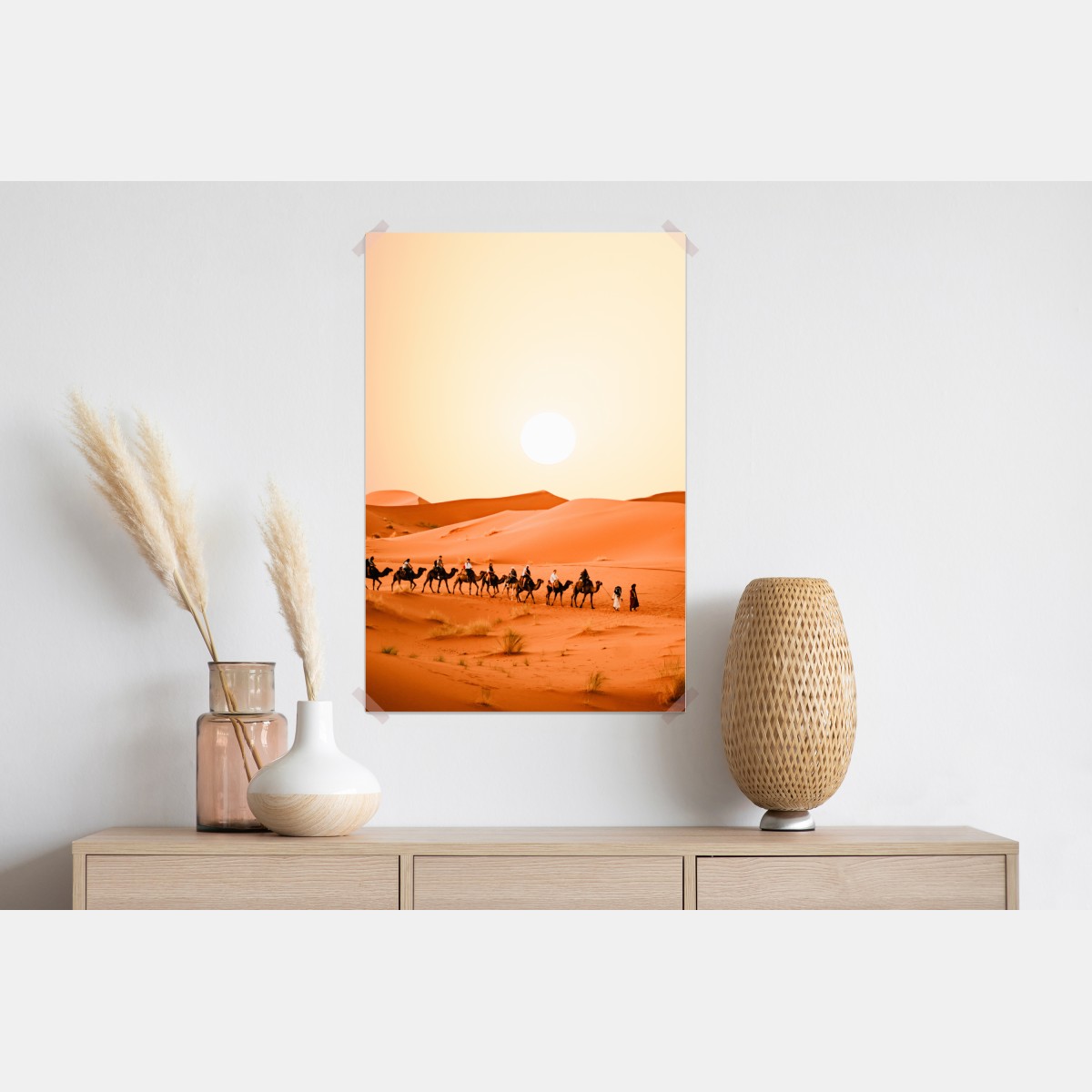 Plakat karawana wielbłądów o zachodzie słońca na pustyni – Wallissimo® Plakat karawana wielbłądów o zachodzie słońca na pustyni – Wallissimo®