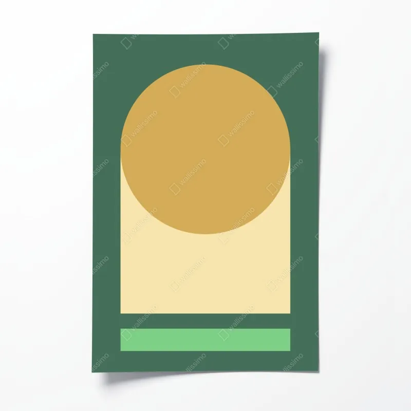 Plakat złote słońce nad geometrycznym blokiem