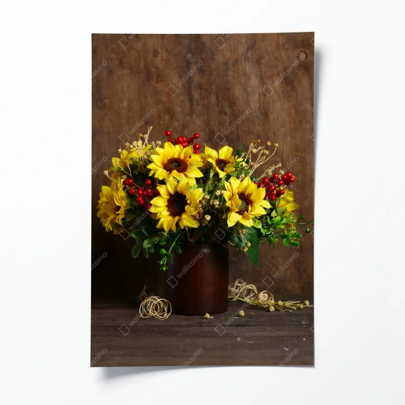 Plakat jesienny bukiet słoneczników na drewnianym tle