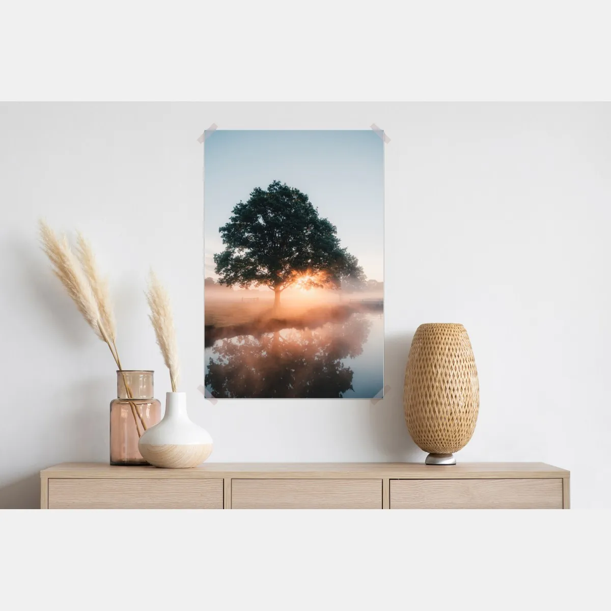 Plakat mglisty wschód słońca przy dębie – Wallissimo® Plakat mglisty wschód słońca przy dębie – Wallissimo®