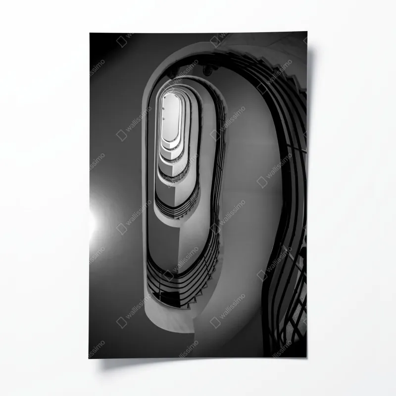 Plakat spiralne schody w perspektywie czarno-białe