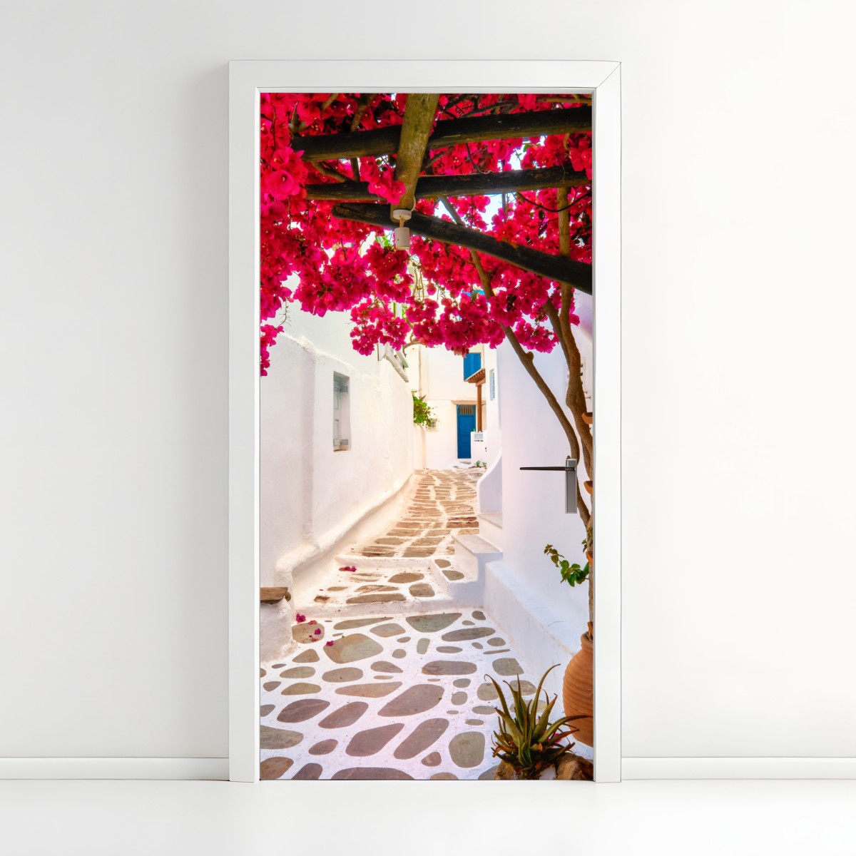 Door sticker sunlit Greek alley with bougainvillea – Wallissimo®