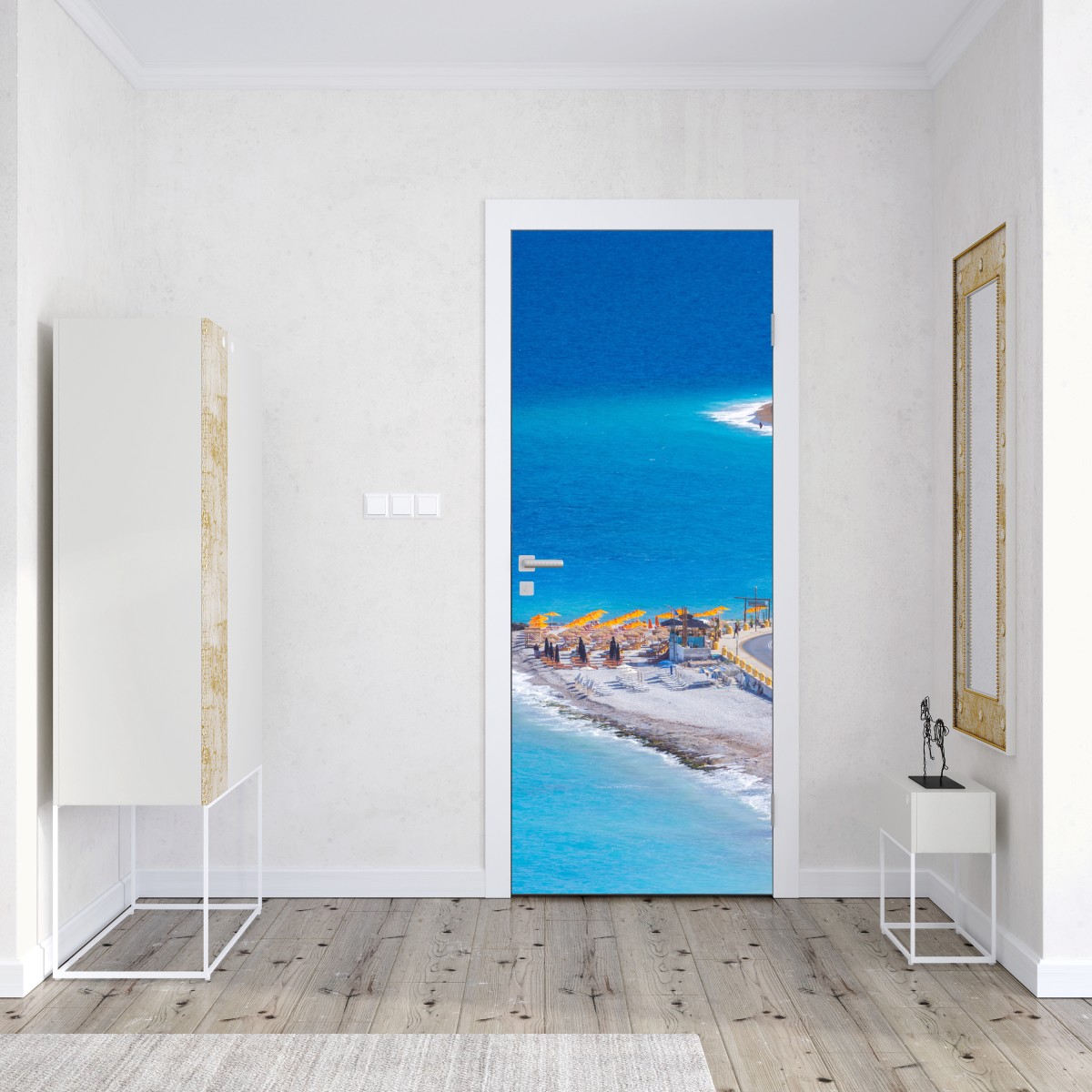Naklejka na drzwi Rodos plaża z kolorowymi parasolami – Wallissimo® Naklejka na drzwi Rodos plaża z kolorowymi parasolami – Wallissimo®