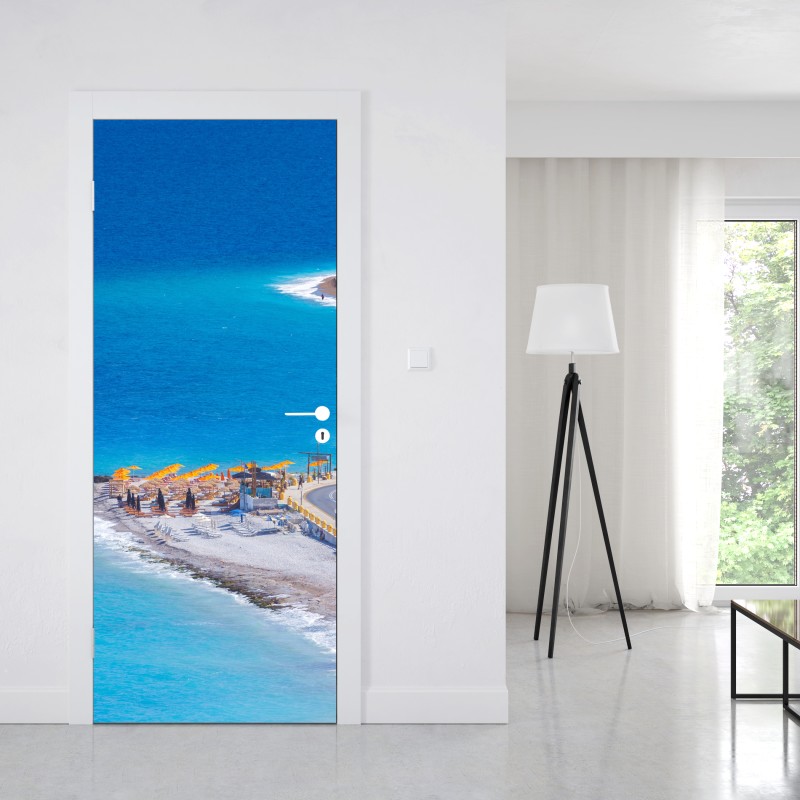Naklejka na drzwi Rodos plaża z kolorowymi parasolami – Wallissimo® Naklejka na drzwi Rodos plaża z kolorowymi parasolami – Wallissimo®