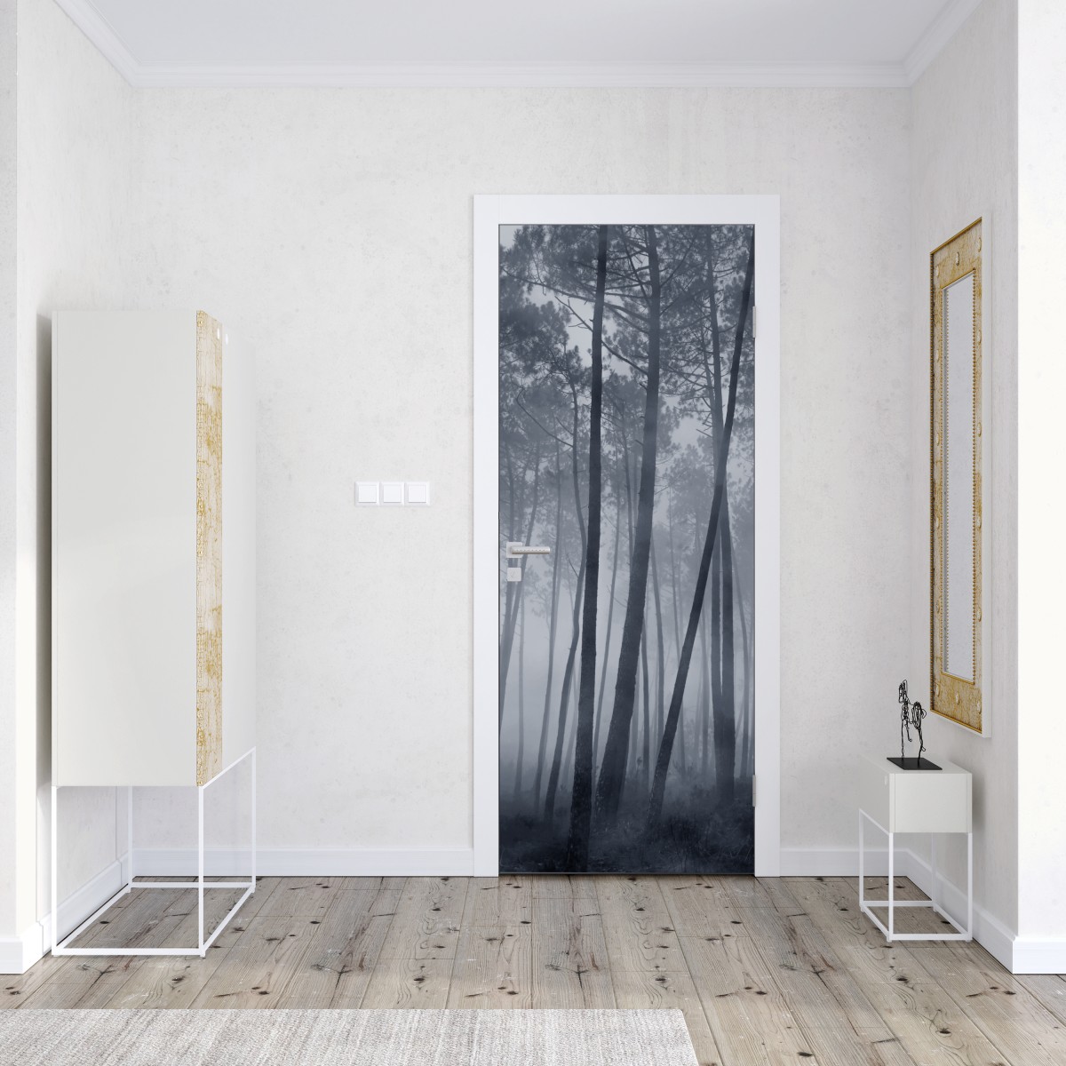 Naklejka na drzwi mglisty sosnowy las nocą – Wallissimo® Naklejka na drzwi mglisty sosnowy las nocą – Wallissimo®