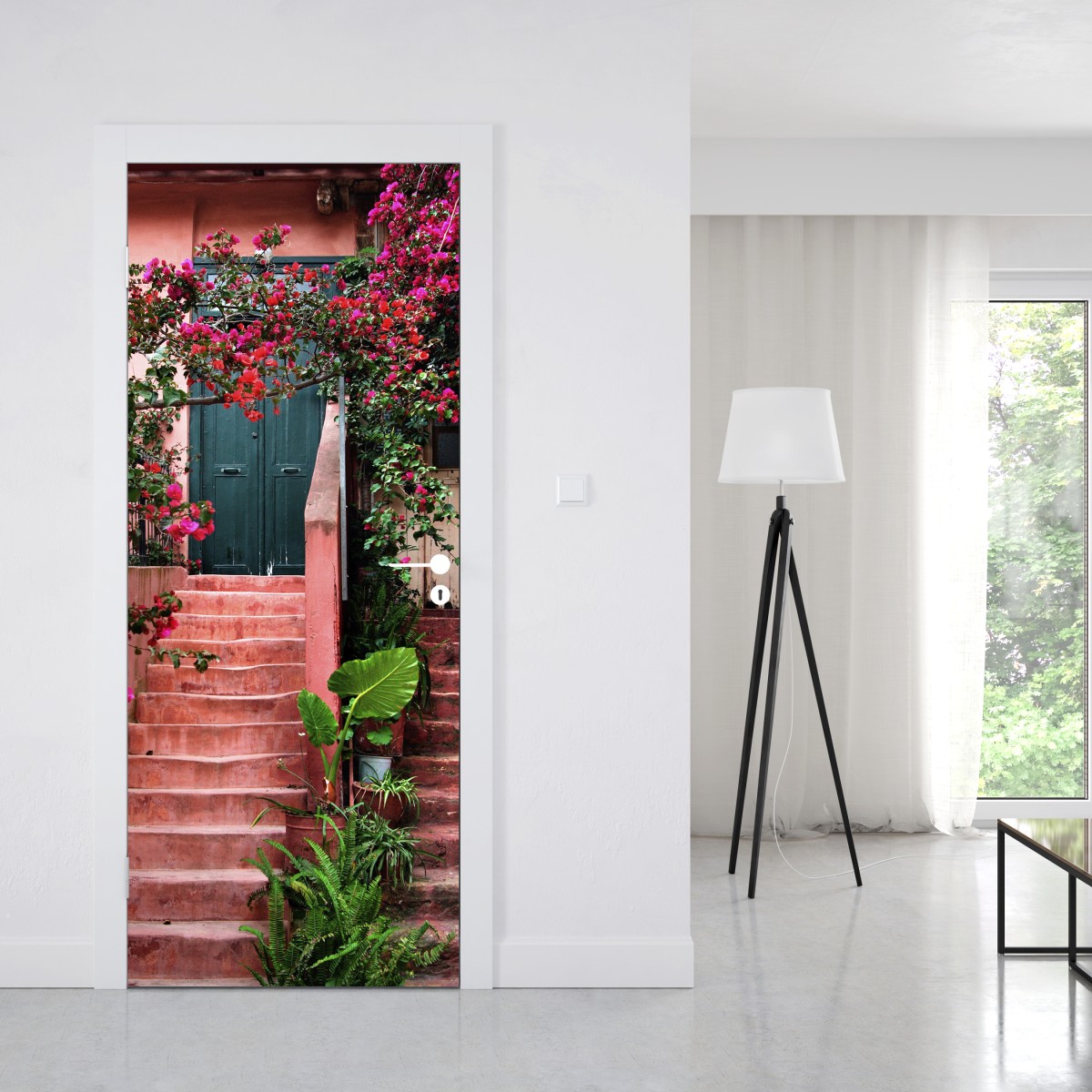 Naklejka na drzwi schody z bugenwillą i zielenią – Wallissimo® Naklejka na drzwi schody z bugenwillą i zielenią – Wallissimo®