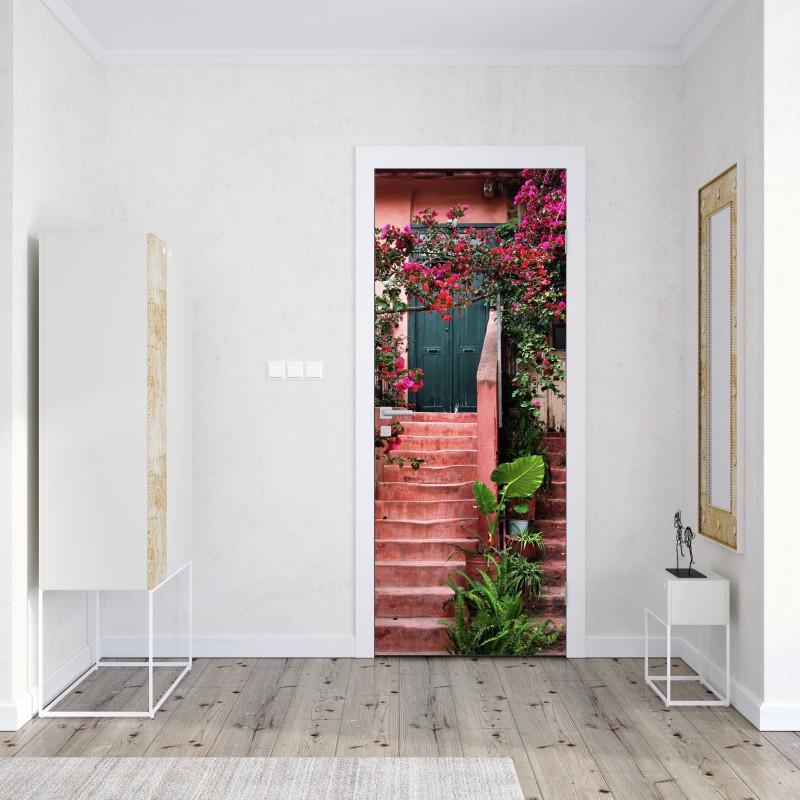 Naklejka na drzwi schody z bugenwillą i zielenią – Wallissimo® Naklejka na drzwi schody z bugenwillą i zielenią – Wallissimo®