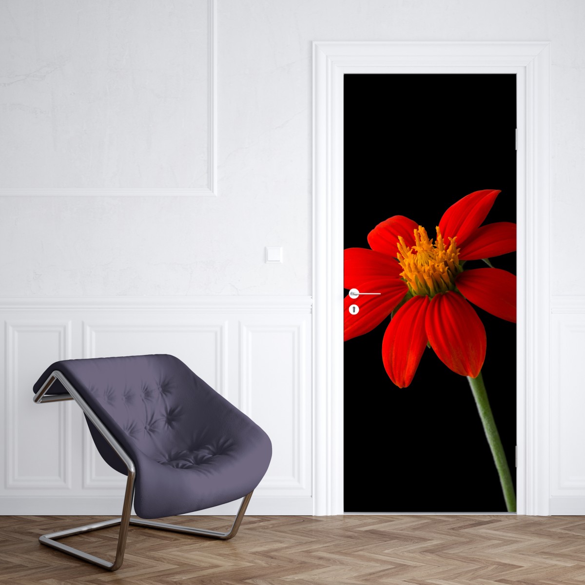 Naklejka na drzwi żywy słonecznik meksykański na czarnym tle – Wallissimo® Naklejka na drzwi żywy słonecznik meksykański na czarnym tle – Wallissimo®