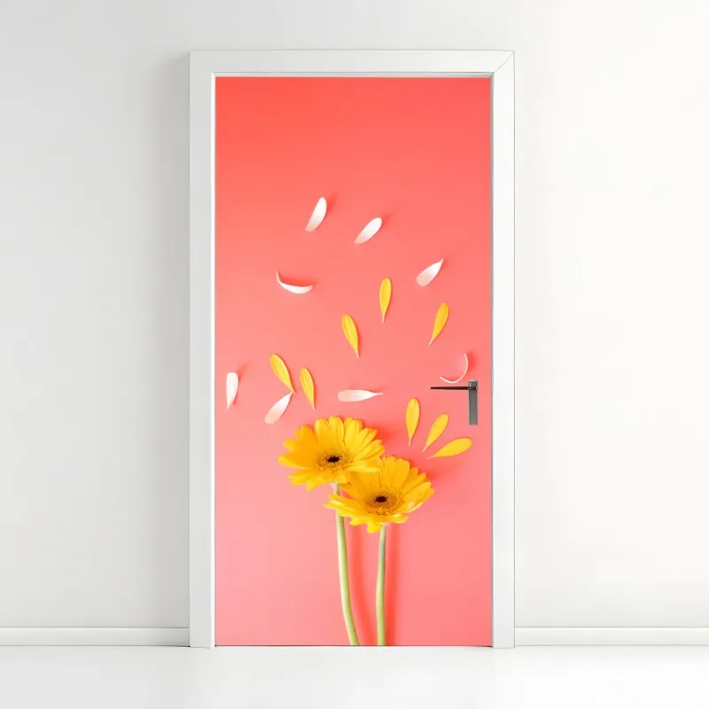 Naklejka na drzwi słoneczne żółte gerbery na koralowym tle