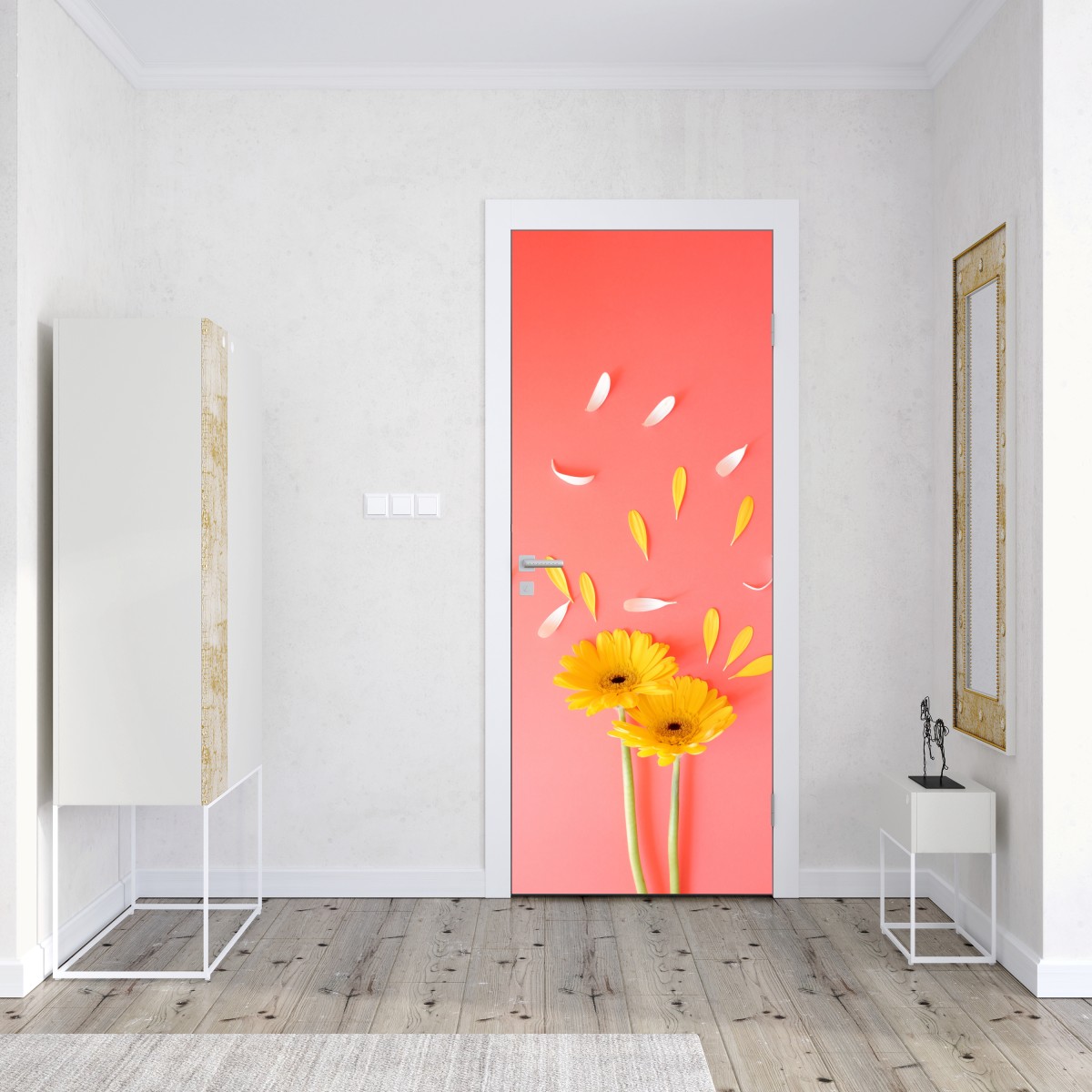 Naklejka na drzwi słoneczne żółte gerbery na koralowym tle – Wallissimo® Naklejka na drzwi słoneczne żółte gerbery na koralowym tle – Wallissimo®