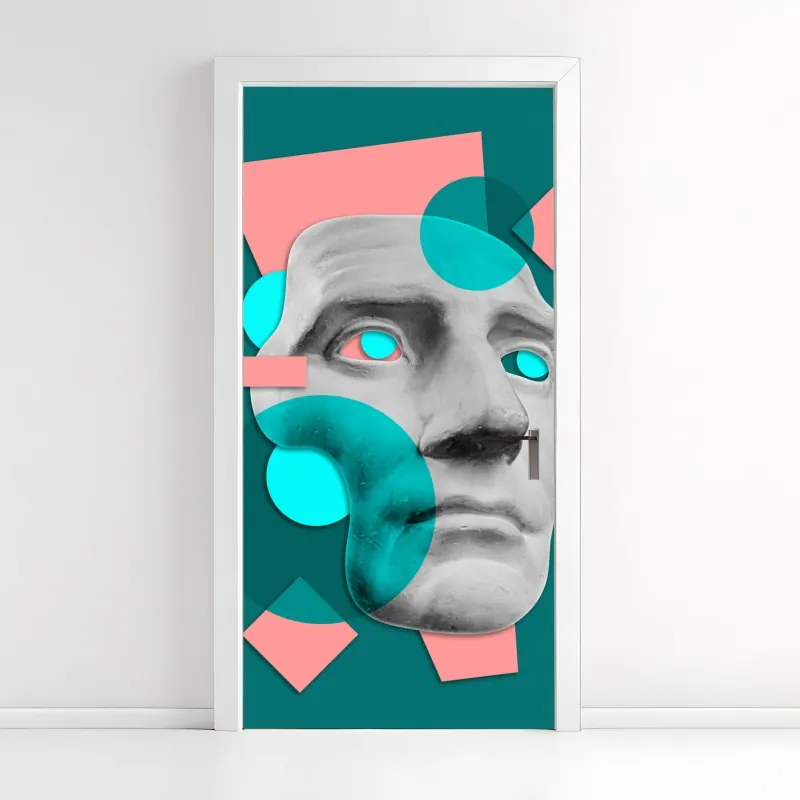 Naklejka na drzwi abstrakcyjna klasyczna maska w turkusie i różu