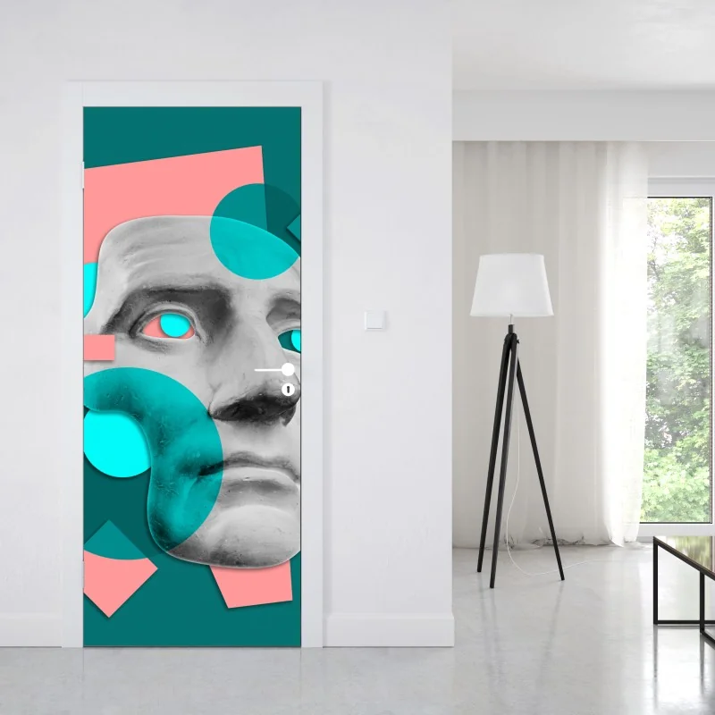 Naklejka na drzwi abstrakcyjna klasyczna maska w turkusie i różu – Wallissimo® Naklejka na drzwi abstrakcyjna klasyczna maska w turkusie i różu – Wallissimo®