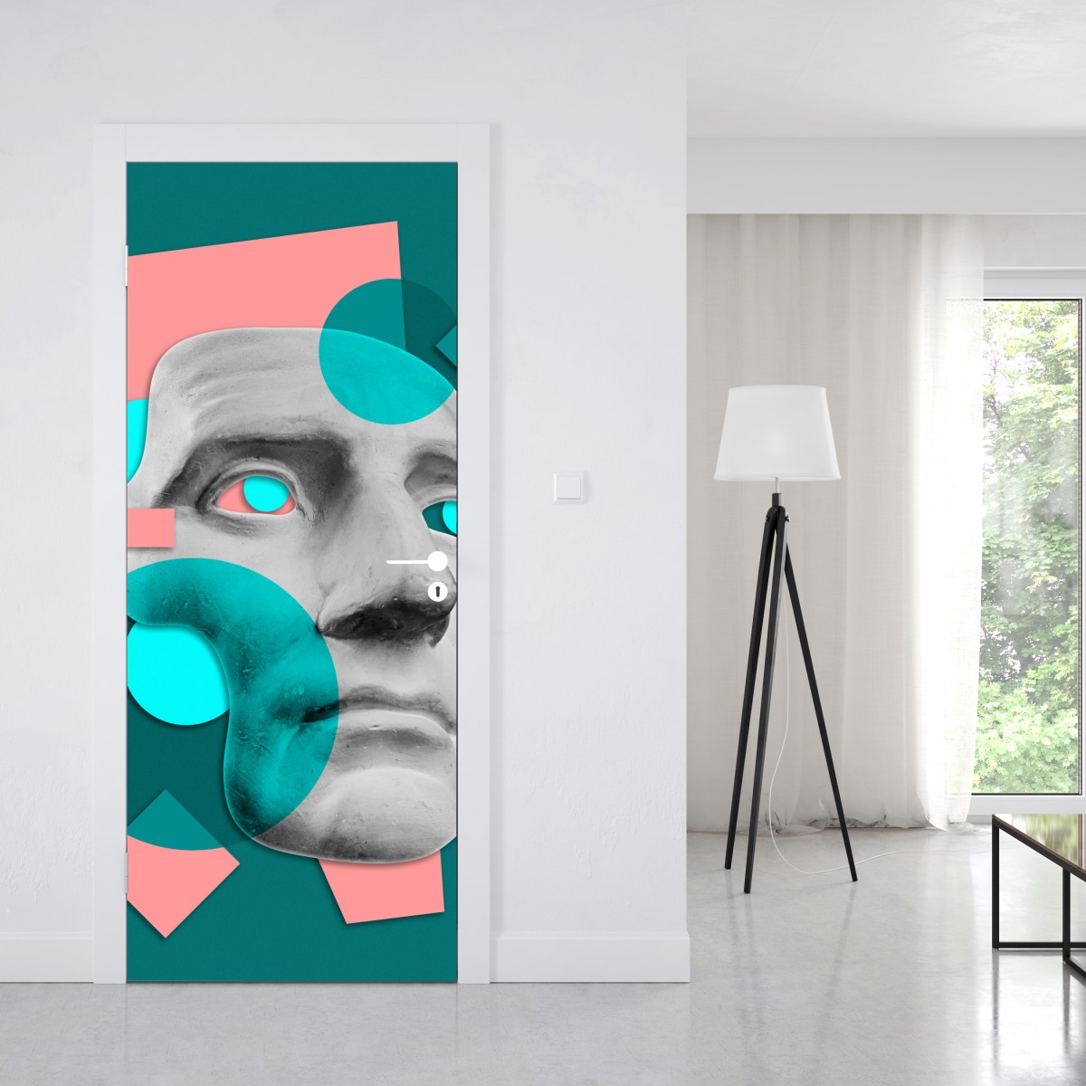 Naklejka na drzwi abstrakcyjna klasyczna maska w turkusie i różu – Wallissimo® Naklejka na drzwi abstrakcyjna klasyczna maska w turkusie i różu – Wallissimo®