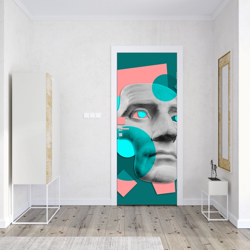 Naklejka na drzwi abstrakcyjna klasyczna maska w turkusie i różu – Wallissimo® Naklejka na drzwi abstrakcyjna klasyczna maska w turkusie i różu – Wallissimo®